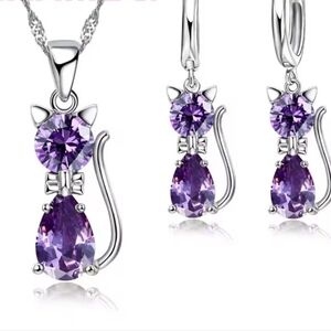 Sterling Silver Purple Cat Pendant and Earring Set